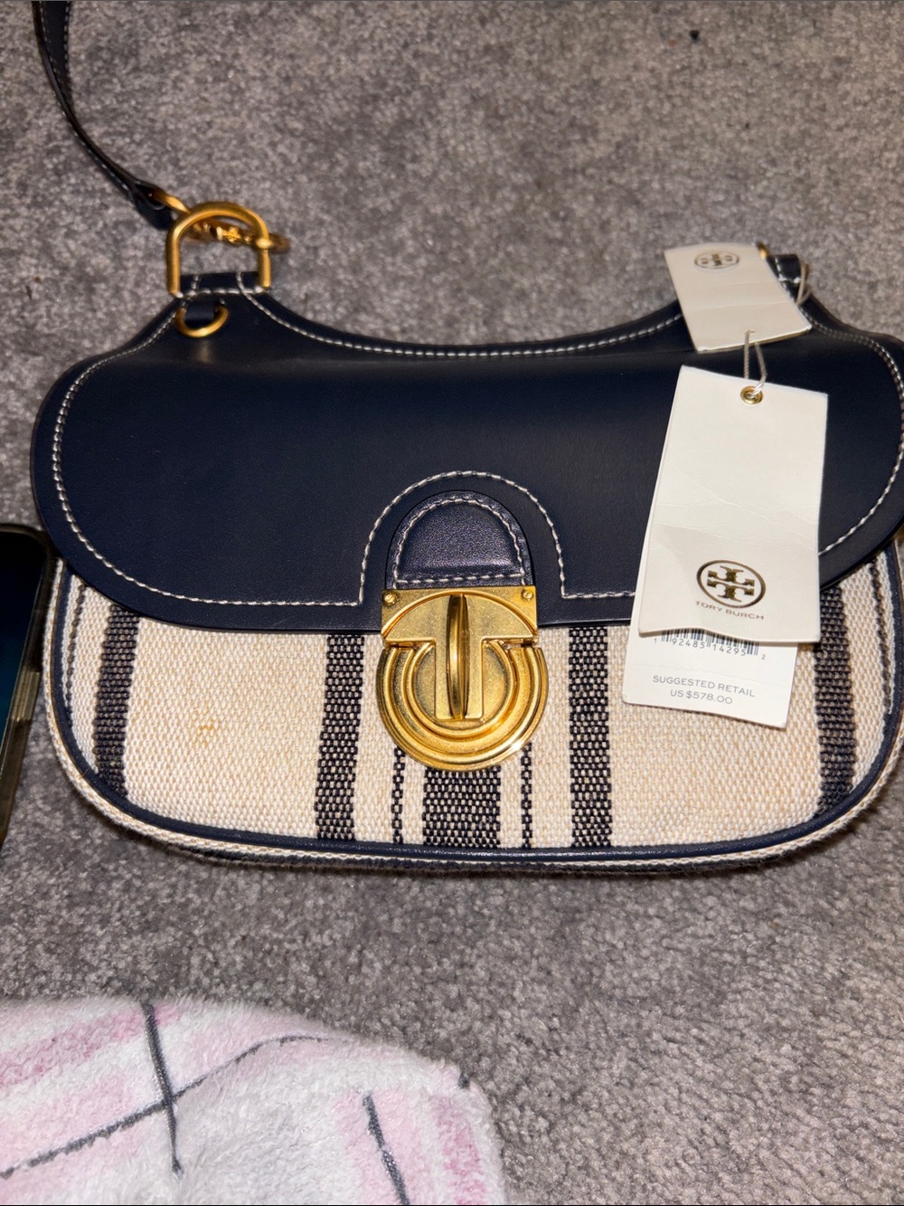 Tory Burch Navy and Cream Stripe Canvas Crossbody with Gold Hardware